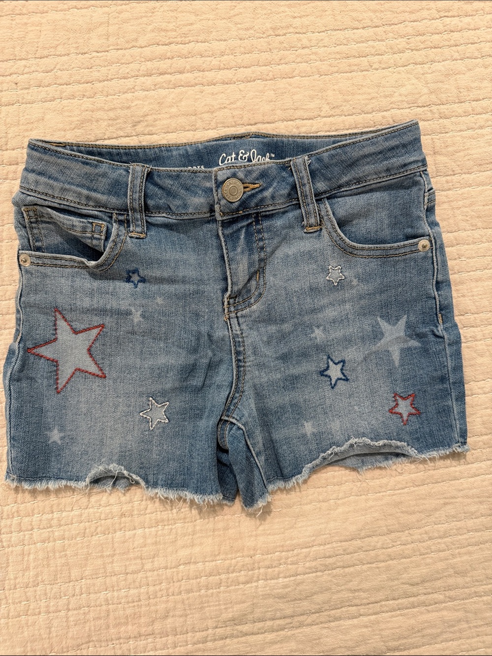 Cat & Jack Light Wash Star Embroidered Denim Shorts - Blue with Red & Navy Stars